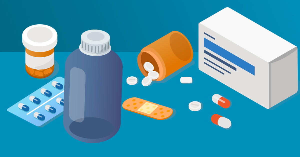 Pharmacy items: pills, tablets, medication, capsules, bandaids